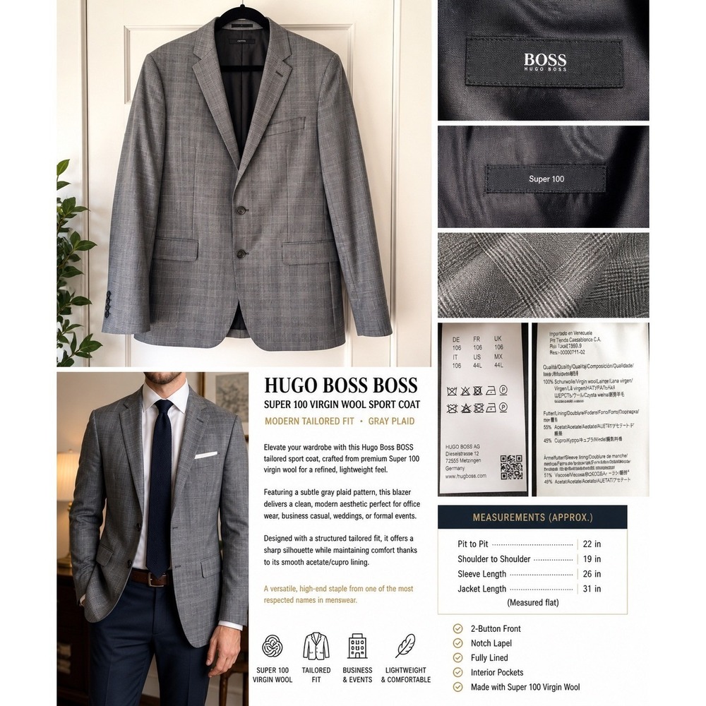 Hugo Boss BOSS Sport Coat Blazer 44L Gray Plaid Super 100 Wool Tailored Fit